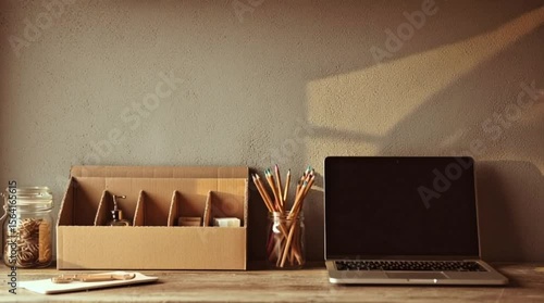 Eco-Friendly Wooden Desk with Laptop and Supplies