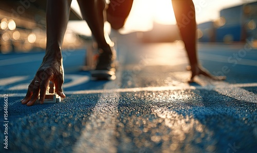 Low-angle close-up of a runner's hands on starting blocks, poised on a blue track at sunset, ready for a race.  Sunlight backlights the scene