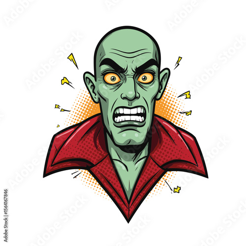 Angry green ghoul character expressing intense emotion in pop art style with vibrant colors and dynamic shapes, comic art concept of Halloween, graphic design.