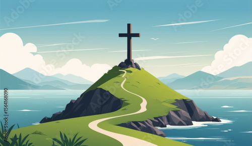 Scenic landscape featuring a large cross atop a green hill, surrounded by tranquil waters and distant mountains, creating a serene and spiritual atmosphere for reflection and contemplation