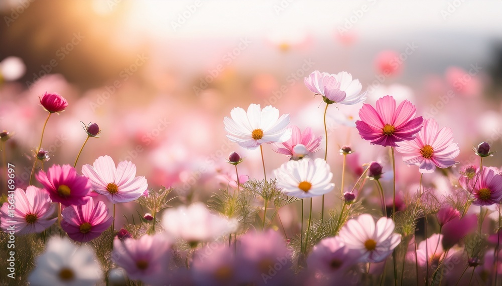 a soft focus image of a field of delicate pink and white flowers under a gentle light source a soft focus image of a field of delicate pink and white flowers under a gentle light source