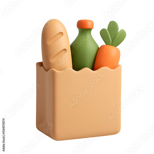 Groceries in a paper bag loaf, bottle, carrots peek out. Cute & modern
