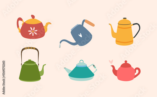 Set of cute colourful teapots of different shapes. Clipart with cute bright teapots. Elements for autumn design, stickers, pin, prints