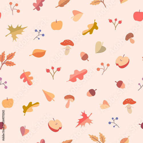 Seamless autumn pattern with yellowed leaves, mushrooms, berries on a warm light background. Ideal for wallpaper, autumn textiles, bedding, pyjamas, clothing, pillowcases