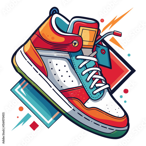 Vibrant vector of a modern, multicolor sneaker with energetic background elements.