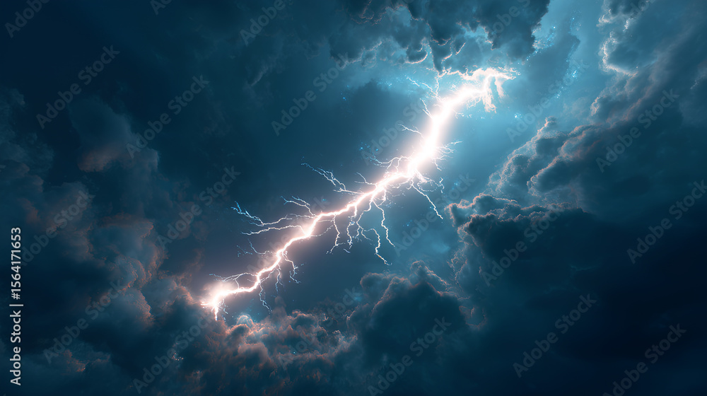 Fototapeta premium Bright lightning bolt with thunder effect. Glowing electric flash tormy sky. Perfect for dramatic, magical, or weather-themed visuals dark background. 