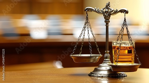 Justice Scales and Whiskey Glass Legal Concept Photo