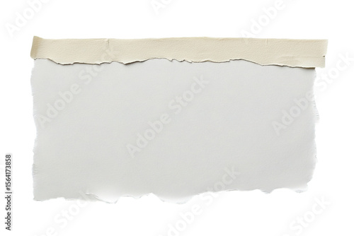 Torn paper piece with a tape edge over a white surface on a transparent background for design usage