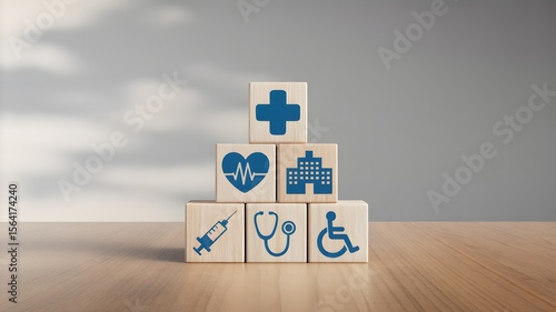 Wooden Blocks With Medical Icons Representing Healthcare System Services Including Hospital Treatment Disability Vaccination And Support

