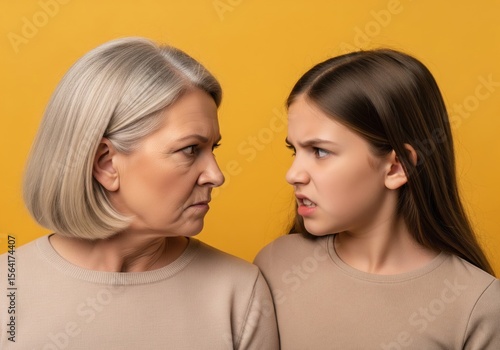 Intergenerational Glare. Elderly woman and young female display angry expressions facing each other. Image depicts familial discord, misunderstanding, and communication challenges.