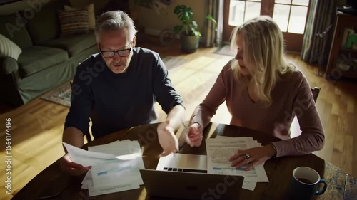 Mature couple reviewing documents at table with laptop and coffee