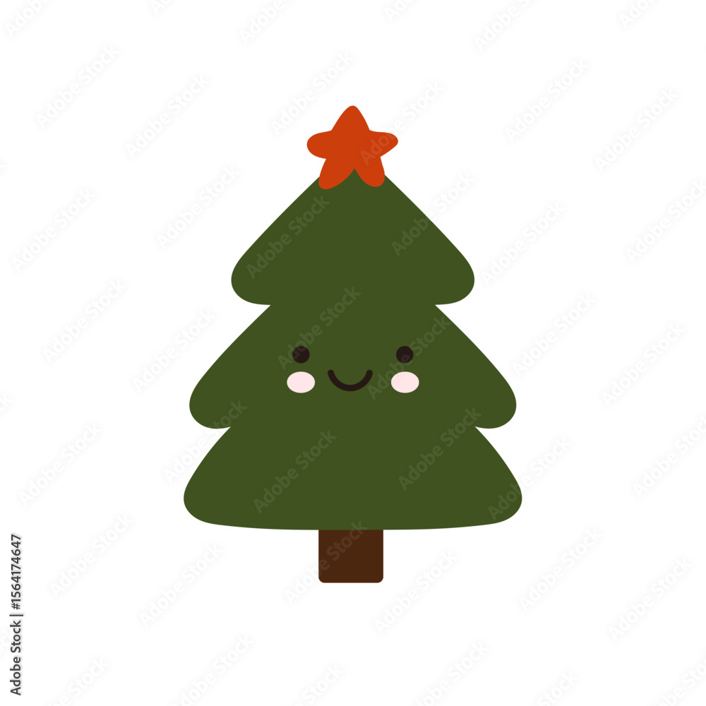 cute smiling christmas tree illustration in flat style with red star on top for holiday greeting design and winter decor cute smiling christmas tree illustration in flat style with red star on top for holiday greeting design and winter decor