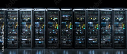 Illuminated server racks in a modern data center technology and network infrastructure