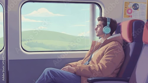 Journey Reflection: A man sits by a train window, headphones on, gazing out at a scenic landscape, capturing the tranquility of travel and inner contemplation.