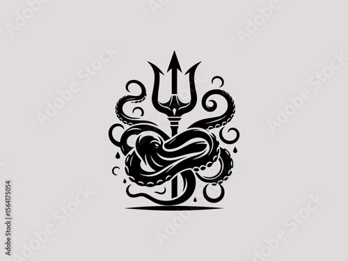 Vintage nautical octopus wrapped around anchor vector logo for seafood restaurants or marinas