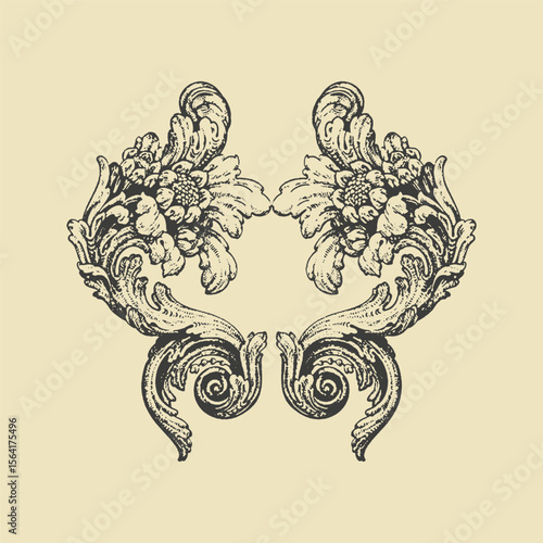 Symmetrical floral baroque ornament with intricate vintage scroll work, ideal for decorative patterns and artistic designs.