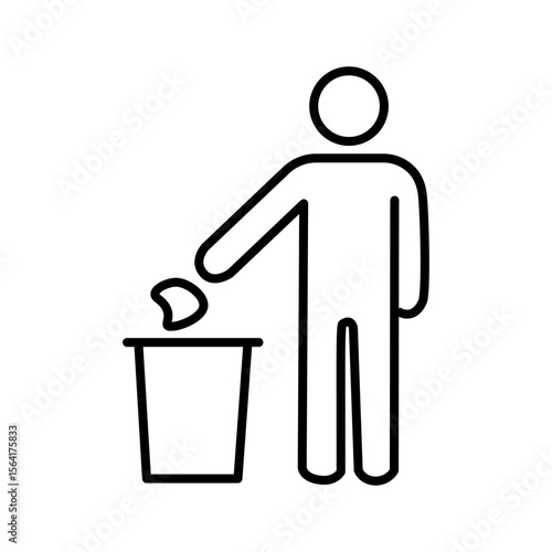 Minimalist line art icon of people placing trash into a garbage or recycling bin. Represents personal responsibility, clean habits, public cleanliness, and eco-awareness