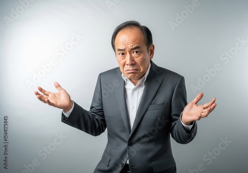 Puzzled Businessman Shrugs. A senior professional expresses bewilderment with an open-hand gesture. This image conveys indecision, doubt, or lack of knowledge.