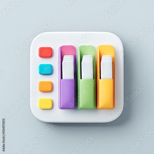 A stylized square icon featuring three colorful holders containing stacks of white cards and a column of vibrant colored buttons