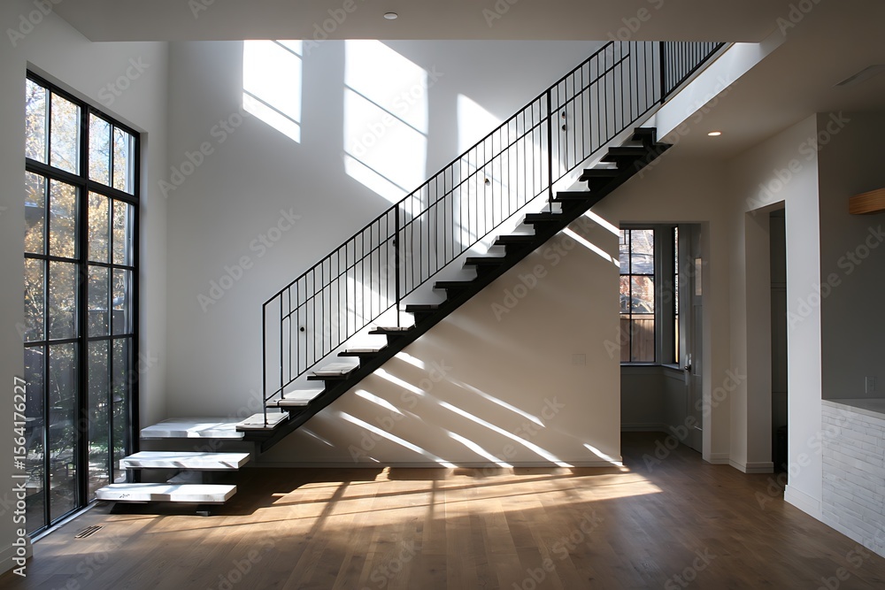 Fototapeta premium Dynamic modern minimalist black white staircase interior scene 