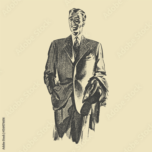 Vintage halftone illustration of a well-dressed man in a suit. Classic mid-century fashion advertisement.