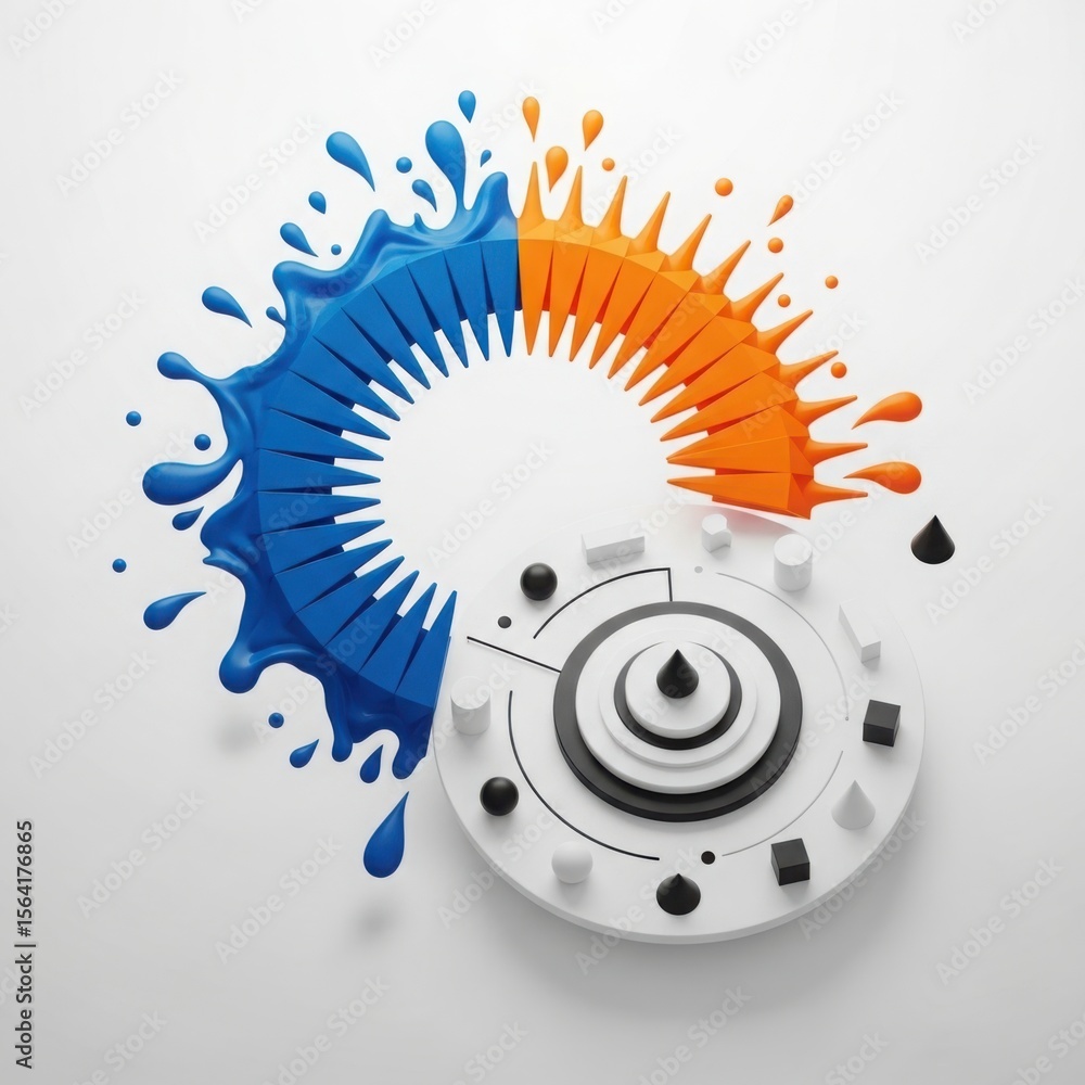 Fototapeta premium Abstract circular design featuring a splash of blue and orange liquid with geometric shapes and a white circular base
