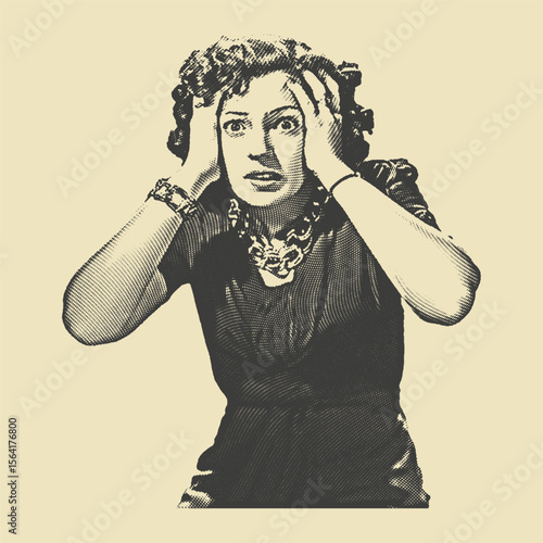 Retro-style illustration of a shocked woman holding her head in distress. A vintage engraving with dramatic expression.