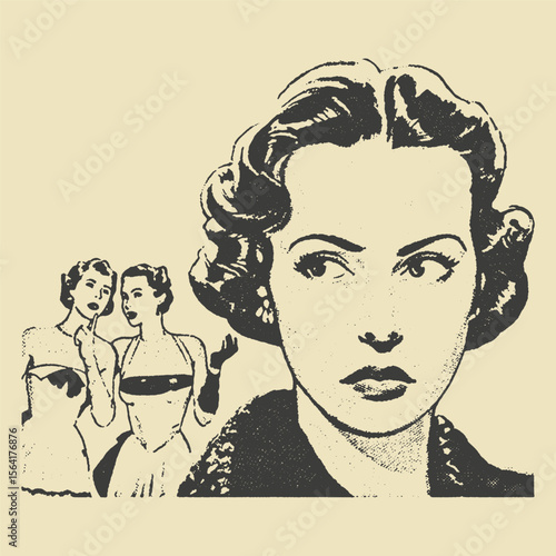 Retro illustration of a serious woman looking away while two other women gossip behind her back. Classic vintage engraving.