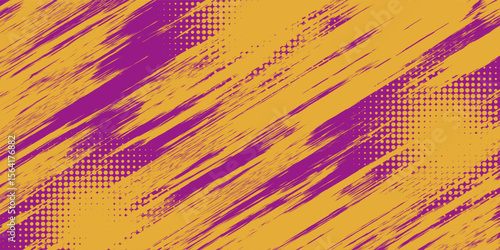 Abstract Sports Background with Yellow and Purple Brush Texture and Halftone Effect. Dirty Grunge Background