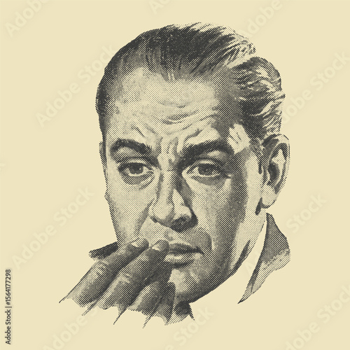 Retro vintage engraving of a worried man. 1950s-style black-and-white hand-drawn illustration.