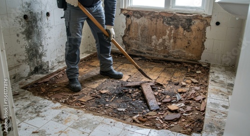 Man Removing Damaged Bathroom Flooring, Mold Infestation, Renovation, Construction, Demolition, Destruction