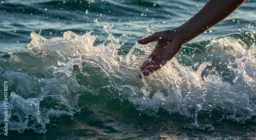 Hand Touching Ocean Wave, Close Up. Capturing Water Droplets and Sunlight in a Coastal Environment.