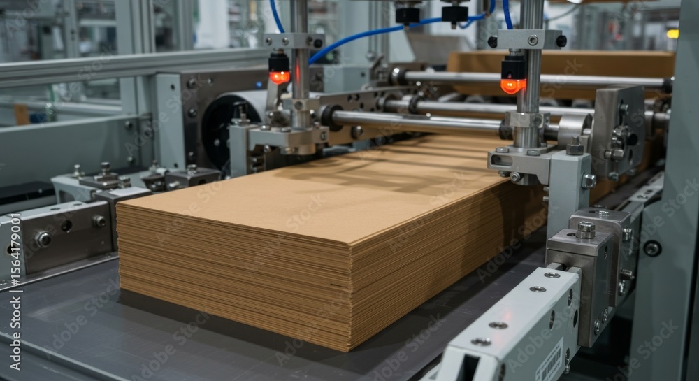 Industrial Machine Processing Stack of Cardboard Sheets, Manufacturing Process, Automation, Production Line Industrial Machine Processing Stack of Cardboard Sheets, Manufacturing Process, Automation, Production Line