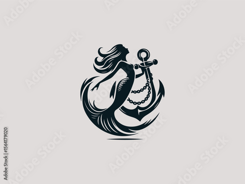 Minimalist mermaid silhouette wrapped around anchor vector logo for tattoo studios