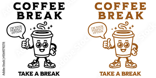 Coffee Break Mascot: Cheerful coffee cup cartoon giving a thumbs up with 'Take a Break' message in brown and black design variations.