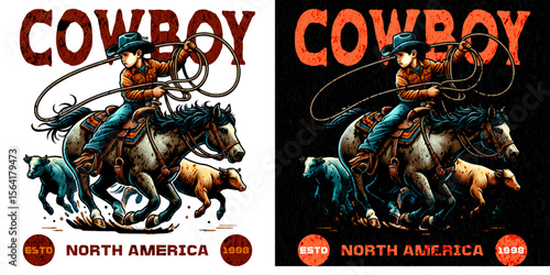 Cowboy on Horseback: A detailed illustration showcases a cowboy astride a horse, skillfully roping cattle with a vintage aesthetic. Embrace the essence of the Wild West, a rugged cowboy in action.