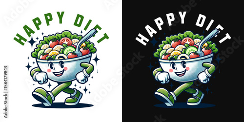 Happy Diet Mascot: A cheerful cartoon bowl of fresh salad strolls, personifying healthy eating and joyful dieting.  Two versions included: one on a white background, one on a black background.