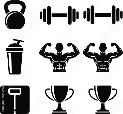 Fitness gym workout vector illustration with kettlebell dumbbells protein scale trophy and muscles man