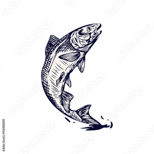 Hand-drawn Illustration of a Salmon Jumping