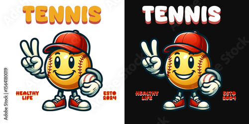 Tennis ball logo mascot: A vibrant and friendly tennis ball character, adorned with a cap, cheerfully flashing a peace sign, with an emblem of healthy living and the year of establishment.