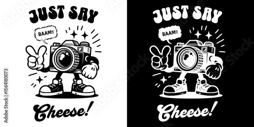 Just Say Cheese: A whimsical retro illustration of a vintage camera, anthropomorphized with arms, legs, and a joyful expression, cheerfully gesturing a peace sign with a speech bubble.