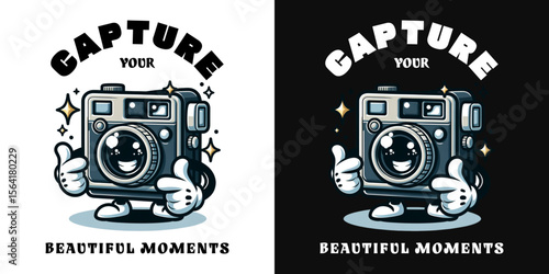 Capture your moments: A charming camera with its own character. Capturing beautiful moments with a nostalgic, illustrative style that's both timeless and captivating.