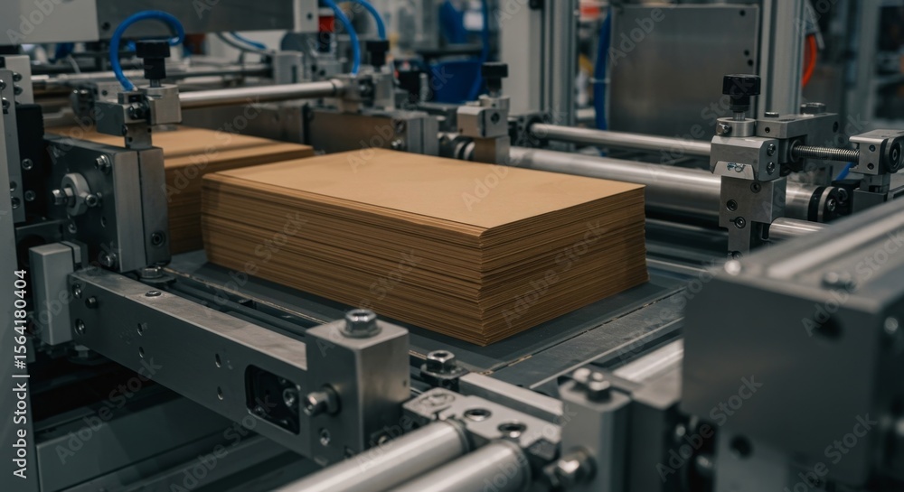 Stack of Brown Paper Sheets on Industrial Conveyor Belt, Manufacturing Process Close-Up Stack of Brown Paper Sheets on Industrial Conveyor Belt, Manufacturing Process Close-Up