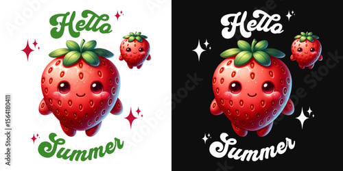 Hello Summer: Adorable, animated strawberries cheerfully welcome the warmth of the summer season, sparkling with cuteness and spreading joyful vibes.