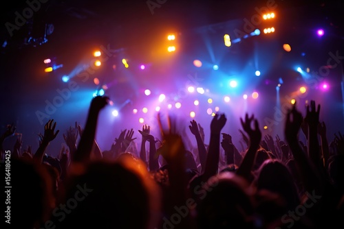 Crowd dancing under colorful lights at a lively party or concert. High quality