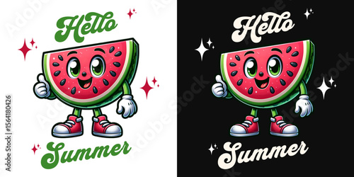 Summer's Sweet Greeting: A charming illustration of a friendly watermelon slice extends a thumb up, welcoming the season with a joyful "Hello Summer" message.