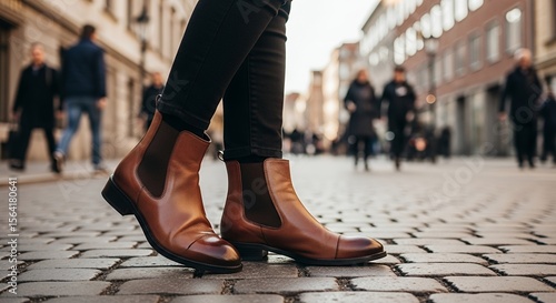 Brown Leather Chelsea Boots on Cobblestone Street
