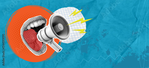 Trendy halftone collage in pop art style. Screaming mouth and megaphone. Advertising banner with speaker for sale, promotion and marketing. News announcement. Vector