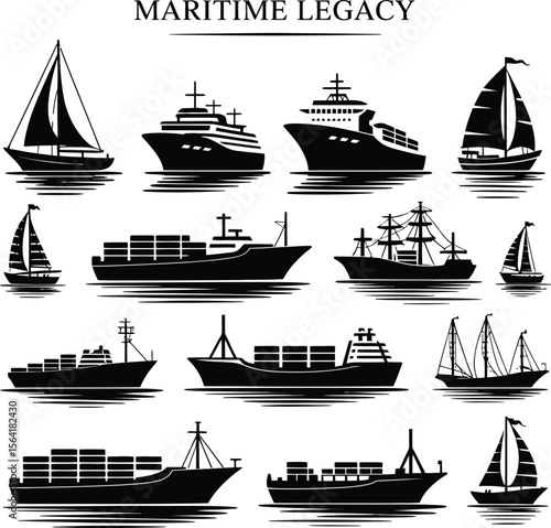 Maritime ships boats vector set illustration sailing cruise cargo container transport ocean vessel graphic icons