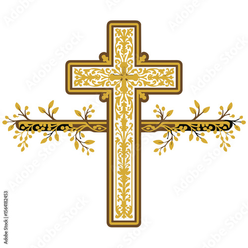 Orthodox golden ornate cross with decorative floral elements – illustration for the Feast of the Exaltation of the Holy Cross